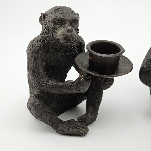 Bronze Cast Monkey Candlestick Holder Sitting Palm Tree Lot Of 3 Decorative Art - Picture 2 of 5